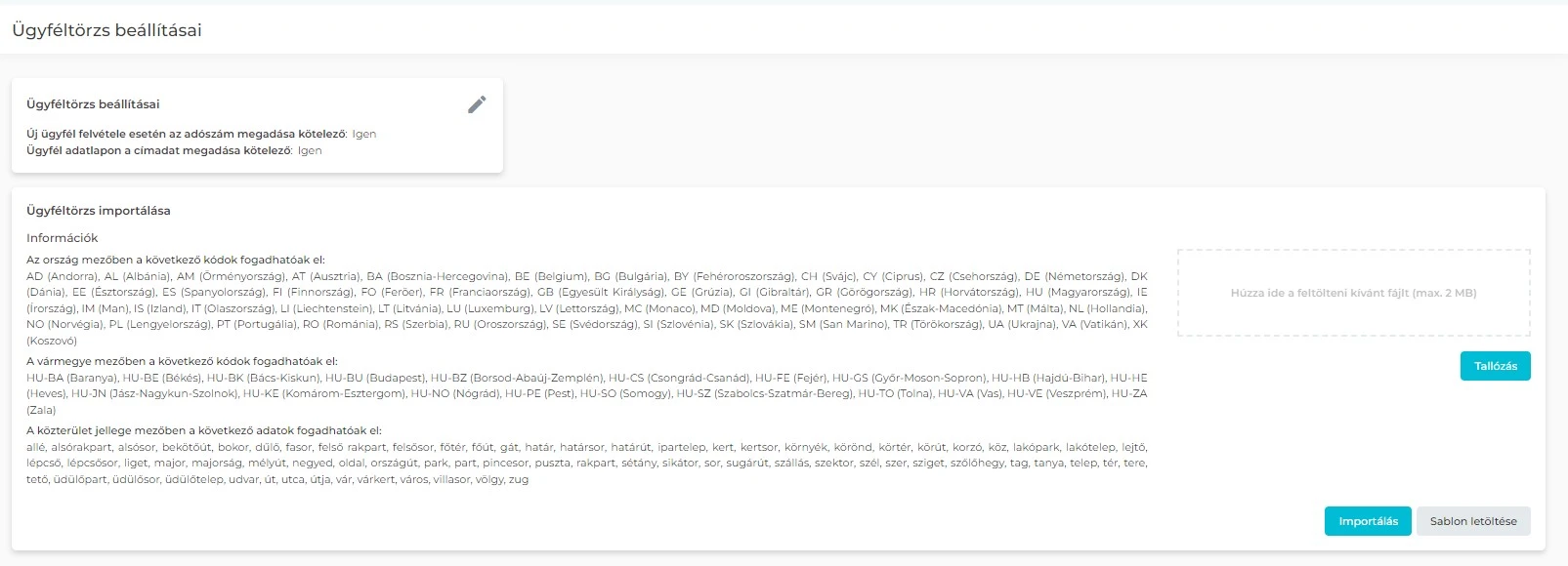 "Ügyféltörzs beállításai"